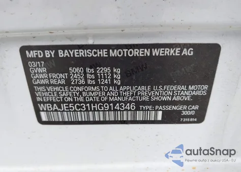 2017 BMW 540I from USA, damaged, VIN WBAJE5C31HG914346